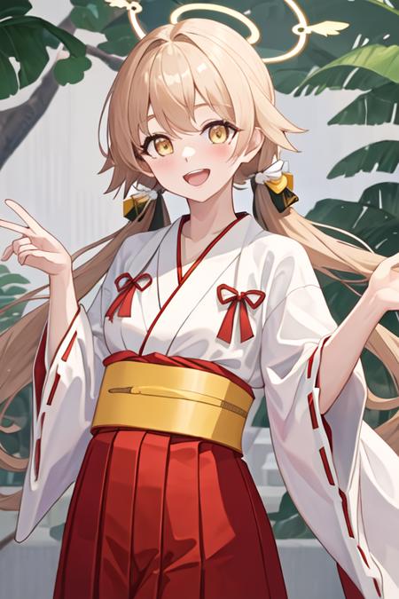 best quality, masterpiece, highres, solo, {white kimono:1.35}, {red hakama:1.35}, {wide sleeves:1.20}, {hifumi_bluearchive:1.15}, long_hair, twintails, low_twintails, halo, yellow_eyes, light_brown_hair, blush, open_mouth, bangs, smile, collarbone