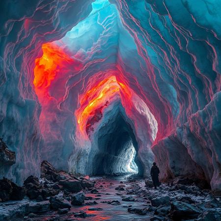 8k, source_photo, source_real, traditional media, real life photo, huge man-made ice cave, lit from above, vivid ice patterns, bright colours in the ice, glowing runes on an archway leading into a dark passageway, exposed rock formations cover the ground and walls, medieval, dungeons and dragons