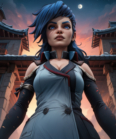 Ava,blue hair,blue eyes,nose ring,long hair,
jacket,sleeveless,detached sleeves,cleavage,
standing,from below,
temple,leaning back,night,science fiction,
(insanely detailed, beautiful detailed face, masterpiece, best quality),<lora:Ava-10BD3:0.8>,