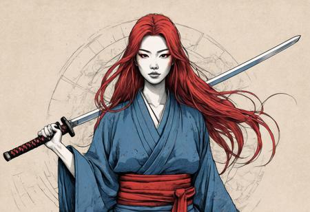 Rustic Sketchbook Style, Sketch Book, Hand Drawn, Dark, Gritty, Realistic Sketch, Rough Sketch, Mix of Bold Dark Lines and Loose Lines, Bold Lines, blending Japanese and magical elements, featuring a woman with gravity-defying long, red hair and a partially open red and blue kimono, holding a katana sword.