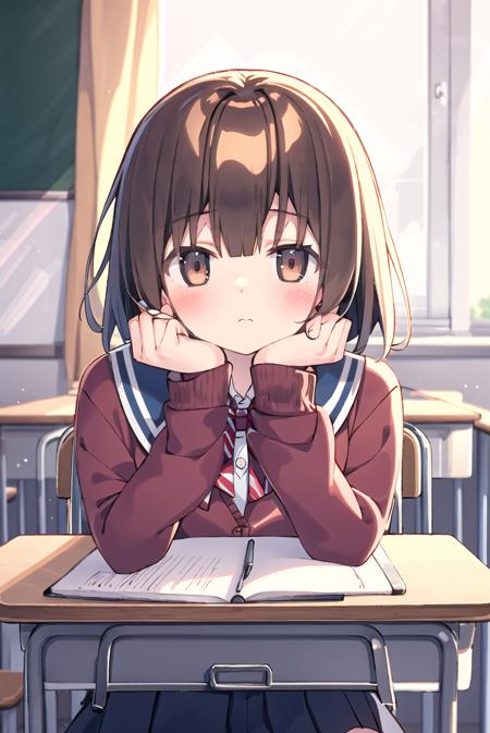 <lora:zoirun:1>1girl, solo, indoors, desk, shirt, bow, curtains, blush, bangs, classroom, bowtie, window, sitting, chair, sweater, eraser, striped, pencil, holding, wind, blurry, day, notebook, sunlight, chalkboard, cardigan, pen, brown hair, looking at viewer, brown eyes, long sleeves, school uniform, collared shirt, sleeves past wrists, school desk, red bow, white shirt, pencil case, closed mouth, head rest, red bowtie, school chair, blue sweater, striped bow, floating hair, holding pencil, medium hair, depth of field, upper body, striped bowtie, diagonal stripes