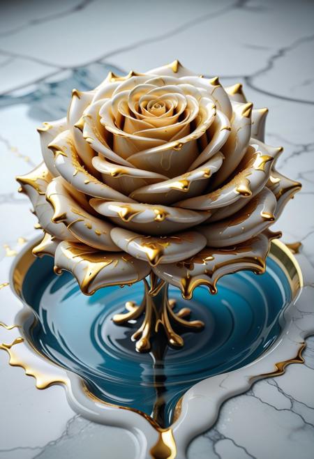 Liquid Marble floor, detailed, ultrarealistic, gold dripping, liquid marble roses, liquid marble bouquet of white gold roses,