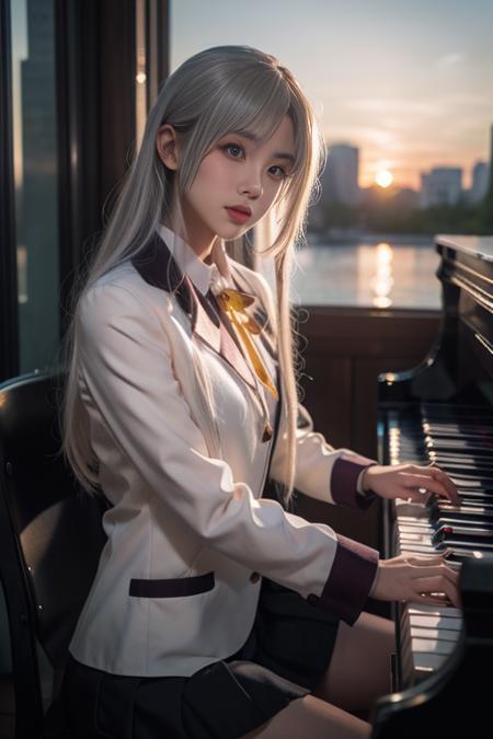 tachibana kanade, 1girl, solo, cosplay,  school uniform, jacket,blazer, long sleeves,neck ribbon,gem,necklace, pleated skirt, kneehighs, loafers,  yellow eyes,white hair, long hair,bangs, hair pulled back, 