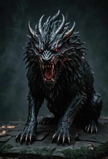 the hellish predator known as the Hellhound is the epitome of nightmare and deadly menace, 
its body is massive, covered in coarse black fur with flashes of scarlet like glowing embers in the dark,
muscular paws ending in huge claws capable of tearing its prey to shreds,
black, stiff fur covering a massive, elongated head with protruding ears, emphasizing the beastly appearance of this creature, 
drops of blood from fresh prey drip from the grinning mouth, adding a frightening accent of cruelty to the image,
the extended maw reveals a series of sharp, bent fangs capable of tearing through the flesh of its victim,
eyes burning with the flames of hell, radiating hatred and lust for destruction, madness and bloodlust,
the posture is aggressive, stooped, as if before leaping on its prey, 
its powerful tail twitching in anticipation of the fight, 
the whole creature exudes primal terror, threatening to destroy everything in its path,
Hellhound - this demonic beast, born in the darkest corners of hell, it represents uncontrollable savagery, ruthlessness and destructive power that feeds on human nightmares and fears,