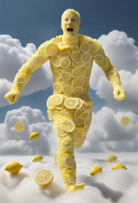 (((A man figure fully made of lemon slices), running on the clouds in the sky, cinematic view