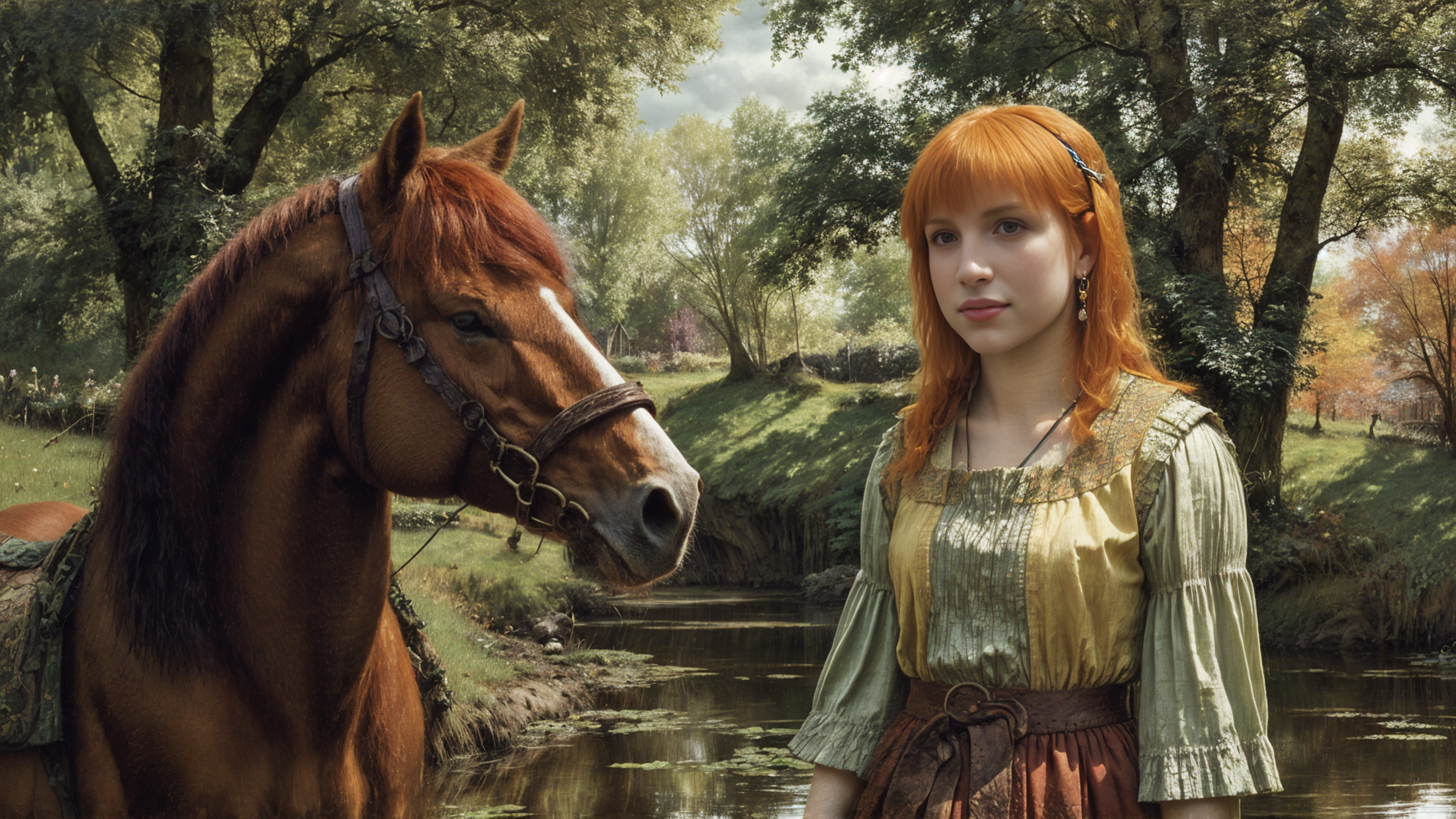 A young woman with red hair standing next to a brown horse by a body of water.