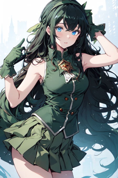 LoPoBiaElaine, 1girl, solo, very long hair, blue eyes, pleated skirt, miniskirt, green shirt, black hair, green gloves, bare shoulders, hairband, sleeveless, brooch, green skirt, 