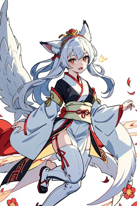 Draw a woman riding a white fox,Solo,full body shot,face close up,Complete and delicate girly body,Girl with fox ears and nine fox tails,Fox pupils,Flowers,Shoot anime fantasy illustrations,Fangs and claws,Wearing a phoenix crown and Hanfu,Traditional Chinese headwear and jewelry,