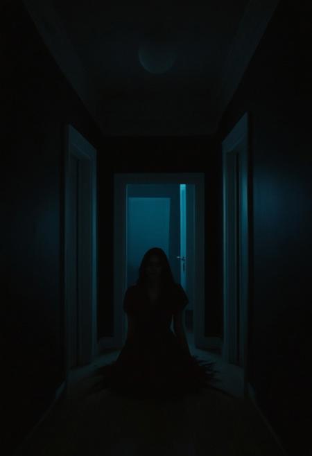 1girl, The room gradually transforming into a dark, twisted version of her reality, with shadows creeping closer, symbolizing her entrapment