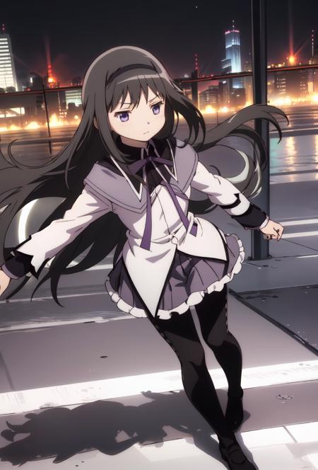 1girl, solo, homuramagica, long hair, pantyhose, purple eyes, <lora:homura_akemi-000008:0.85>