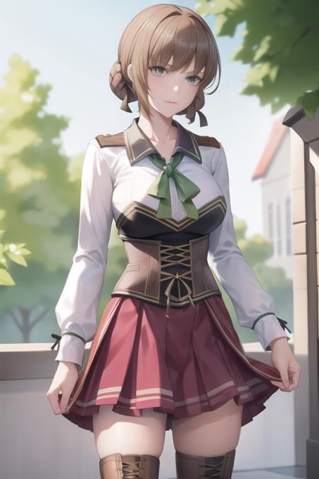 duvaliecsiv, 1girl, solo, single hair bun, hair ribbon, short hair, long sleeves, white shirt, corset,  green ribbon, school uniform, collared shirt, red skirt, pleated skirt, boots, thighhighs, thigh boots, zettai ryouiki, cross-laced footwear, duvaliestahlritter, 1girl, solo, armor, braid, breastplate, short hair, helmet, shoulder armor, gauntlets, pauldrons, shield, valkyrie, visor (armor), weapon, hair bun, sword, holding, armored dress, feathers, ribbon, sidelocks, headpiece, hair ribbon, skirt, boots, holding sword, armored boots, holding shield, greaves, knight duvaliemagicalgirl, 1girl, solo, blue skirt, short hair, hair bun, braid, ribbon, school uniform, hair ribbon, pleated skirt, serafuku, black sailor collar, boots, frills, brown footwear, lace-up boots, white shirt, short sleeves, neckerchief, plaid skirt,