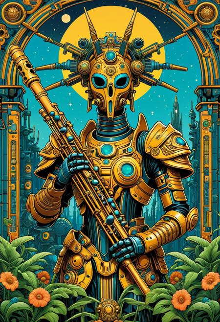 A celestial garden where symbolic figures play ancient flutes, pop surrealism, baroque sci-fi sculpture, satirical illustration, biomechanical armor, bold linework, dystopian pop culture, stylized realism, ornate mech design, graffiti-influenced color, cybernetic mythology, gritty cartoon style, sculptural anatomy, futuristic relics, narrative iconography, punk religious motifs, symbolic mecha masks, neon-saturated decay, mythological street art