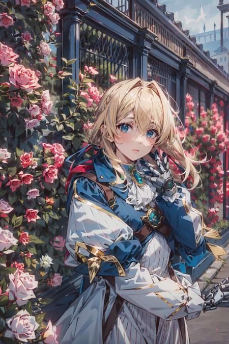 best illustration, masterpiece, bold outline,
break
1girl, petite, extremely beautiful, detailed skin complexion, vioev, violet evergarden, blonde, blue jacket, white dress, gloves, mechanical arms, mechanical hands, jewelry, cosplay
break
outdoor, flower garden, romantic
break
perspective, portrait, artistic photography, detailed background, light and shadow contrast, rule of third, depth of field, sharp focus, foreground background, depth and dimension
break
 <lora:CA_Violet_Evergarden:0.85>