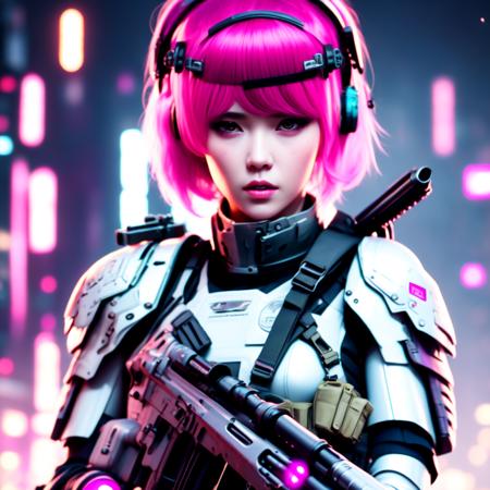 (CyberAngelSoldier style:1) pink hair holding a machine gun <lora:djzCyberAngelSoldierV21:0.8>