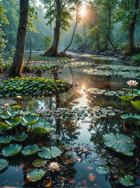 Breathtaking photography. A mystical forest. At dawn with gentle hues. A gently flowing river with pebbles and water lilies in foreground.  Panoramic view of a dense, ancient forest  in background. Award-winning, professional, highly detailed.  <lora:MJ52:0.5> <lora:RMSDXL_Darkness_Cinema:1> (HDR (High Dynamic Range), vibrant colors, high contrast, detailed, UltraHD, 8K, cinematic, 80mm, high detail)