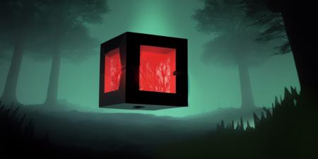 <lora:15Cube:1>levitating cube scenario: an image of a dark forest with glowing lights