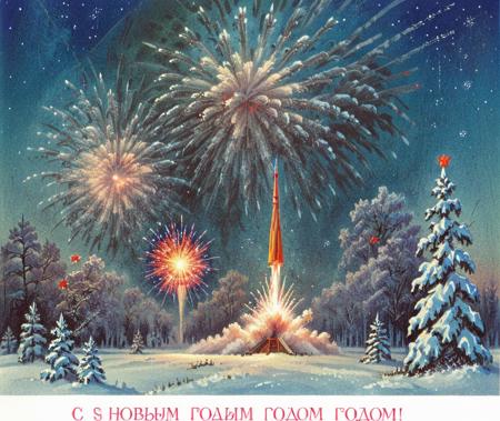 fireworks,winter, scifi, shade of , soviet new year postcard, (s novym godom logo:1.2), <lora:mgl_Soviet_New_Year_Postcards:0.85>, landscape, winter, ROCKET liftoff,fireworks,