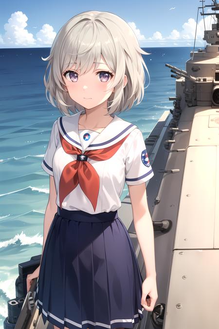 TateishiShima grey hair, purple eyes, short hair serafuku, sailor collar, blue skirt, red neckerchief, short sleeves