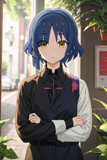 best quality, masterpiece, highres, solo, {yamada_ryo_bocchitherock:1.15}, blue_hair, short_hair, bangs, mole_under_eye, mole, yellow_eyes, hair_ornament, closed_mouth, hairclip, 1girl, black_shirt, blurry, blurry_background, indoors, plant, shirt, upper_body, collared_shirt, long_sleeves, restaurant, solo_focus