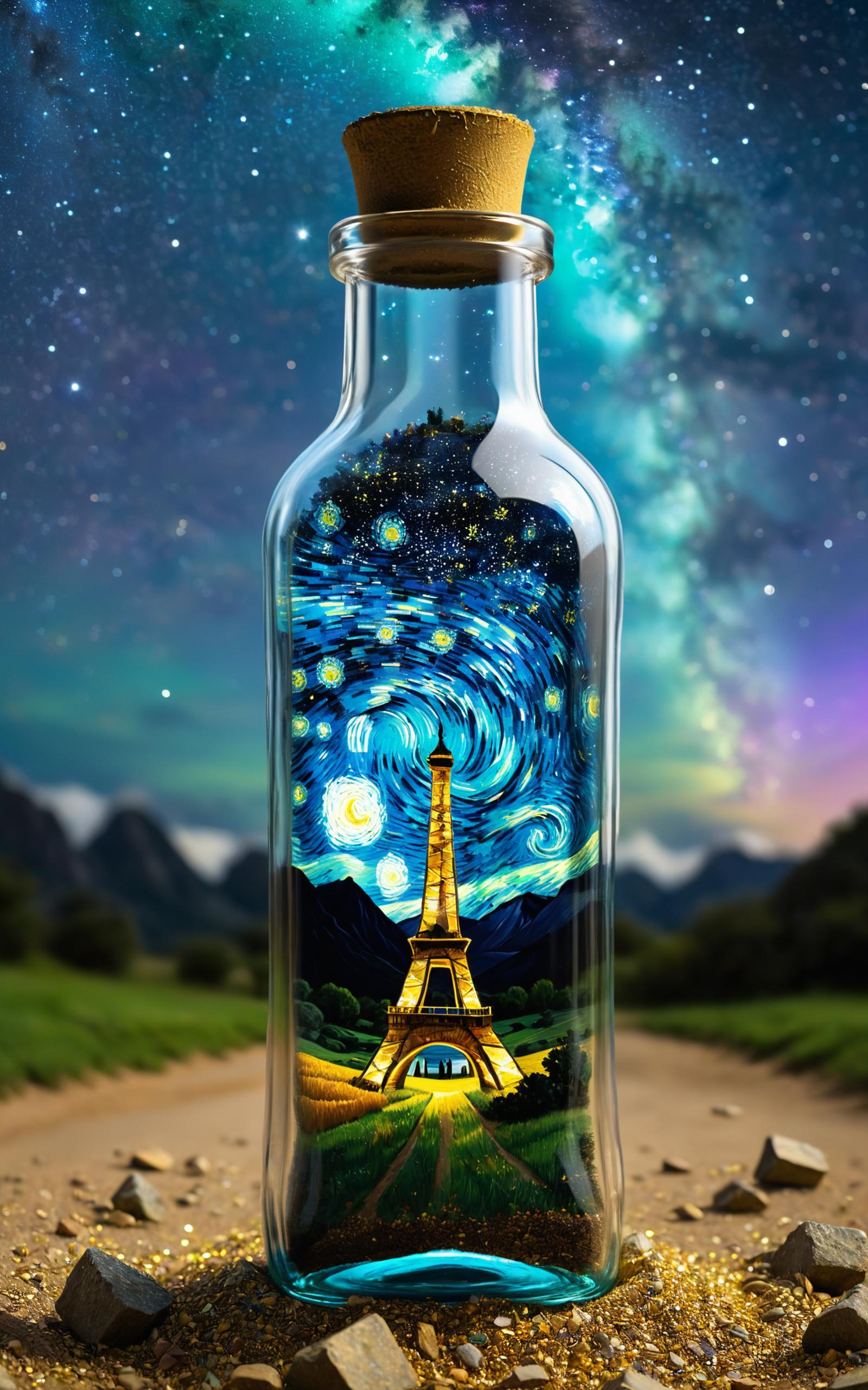 A bottle of wine with a picture of the Eiffel Tower and stars on it.