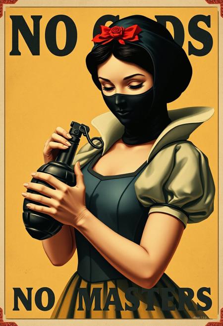 Vintage poster design, retro, 
snow white wearing her beautiful dress a black face mask, preciously holding a hand-grenade with both hands and looking at it, "NO GODS NO MASTERS"