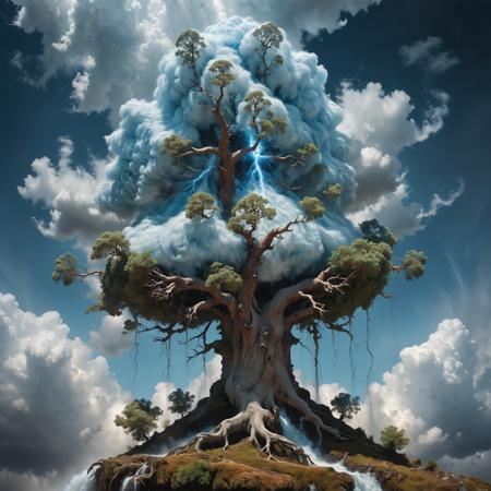 clouds, fluffy gnarly magical tree made out of clouds with static electricity charge,a perfect photography by Andree Wallin,Mark Mann,Marc Simonetti,Albrecht Dürer,wlop,Jeremy Geddes,vibrant colors,intricate artwork masterpiece,impressive,stunning,beautiful,cloudy,fluffy heavenly scenery,amazing depth,hyperdetailed,artistic,nanopunk,surreal waterfall,electric,surreal photorealism,<lora:xl_more_art-full_v1:0.92>,