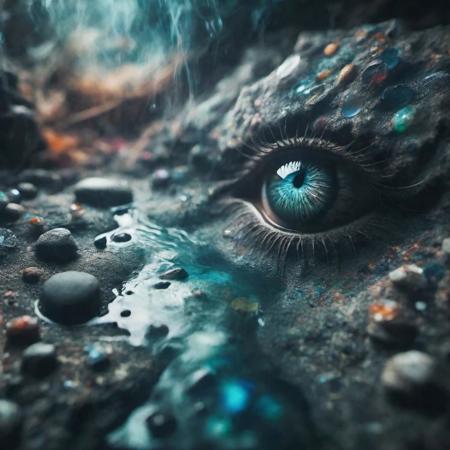 Desert of stones and fluds, far far away , cold colors, psychedelic illusion, touch of mystery, going deep, deeper , filled with water, always watching eyes