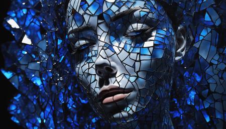 An abstract representation of a woman's face, her skin is made of Made_of_pieces_broken_glass, transparent, glowing dark blue from the inside, breaking through a wall of glass, background is darkness, (dimly lit:1.2), focusing on her vivid eyes