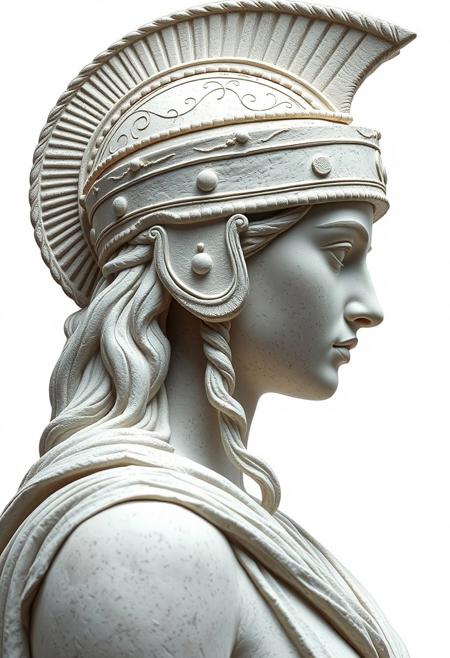 side view of Athena Pallas the ancient greek Goddess, she wears a greek helm, masterpiece, best quality, high quality, hyper detailed, high res, intricate detail, HDR, 8k, sharp focus, detailed background, realistic white smooth stone surface, detailed skin texture, realistic, white background