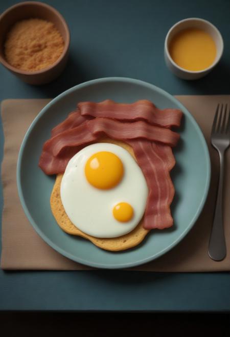 claymation, novuschroma51 style, egg and bacon breakfast on a plate, on a table. The claymation background has a whimsical, storybook-like charm, reminiscent of classic stop-motion animation. (masterpiece: 2), best quality, ultra highres, original, extremely detailed, perfect lighting)