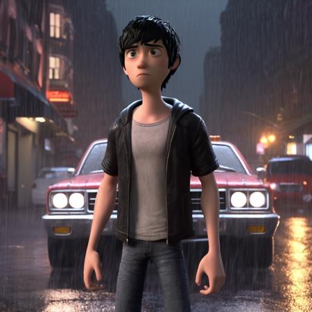 high-quality 4k hd 3d cartoon render in hwst artstyle of a young man with short black hair wearing a tshirt and jeans standing in front of a car in a city street during a rain storm at night