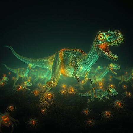 Camera zooms back to show a army of bioluminescence translucent Tyrannosaur-starving parasite creatures,