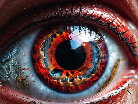 A macroscopic photo of a red human eye. 8k resolution, 4k image. HDR highly detailed. vivid. UHD, amazing depth, glowing rich colors, powerful imagery. Art by John Collier and Albert Aublet and Krenz Cushartore and Artem Demura and Alphonse Mucha<lora:xl_more_art-full_v1:0.95>
