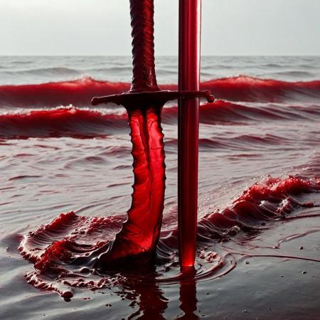A dramatic, cinematic fantasy scene of a transparent red ocean naturally split in two, with massive waves surging and curling outward on both sides, as if parted by an invisible force. The sea remains fluid, with ripples and turbulent water motion, not frozen or static. In the center foreground, a weathered metallic sword is embedded into the wet ground, stained with blood-like liquid dripping from its blade. The ocean emits a faint crimson glow, casting red reflections onto the sword and misty ground. Atmospheric lighting, fog drifting through the scene, high contrast shadows, and a powerful, epic mood. Hyper-realistic, 8k resolution, Blood for the Blood God, blood, translucent, transparent