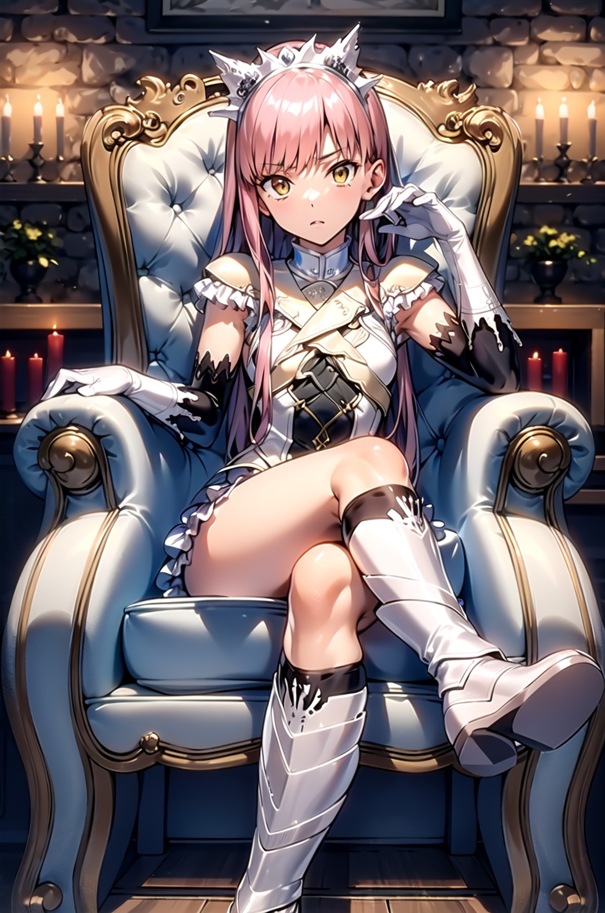 masterpiece,best quality, 1girl, solo, indoors, fireplace, sitting, crossed legs, looking at viewer,
medb \(fate\), tiara,...