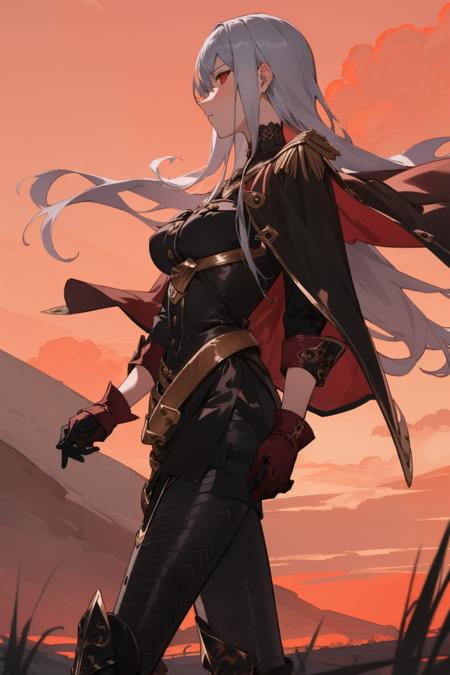 masterpiece, best quality, 1girl, selvaria, black shirt, black capelet, belt, black pants, black gloves, high heel boots, from side, walking, plains, wasteland, red sky <lora:selvaria-nvwls-v2-000010:0.9>