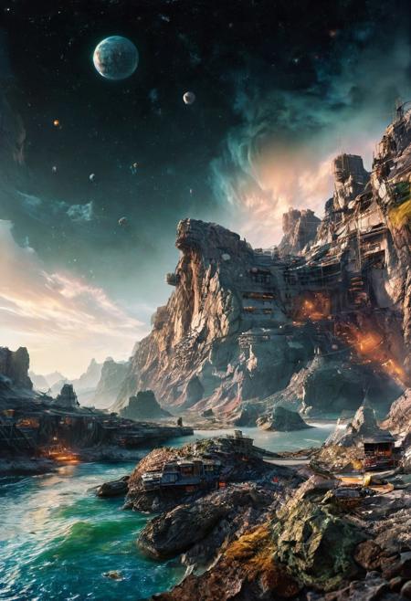 space fortress orbiting an asteroid belt