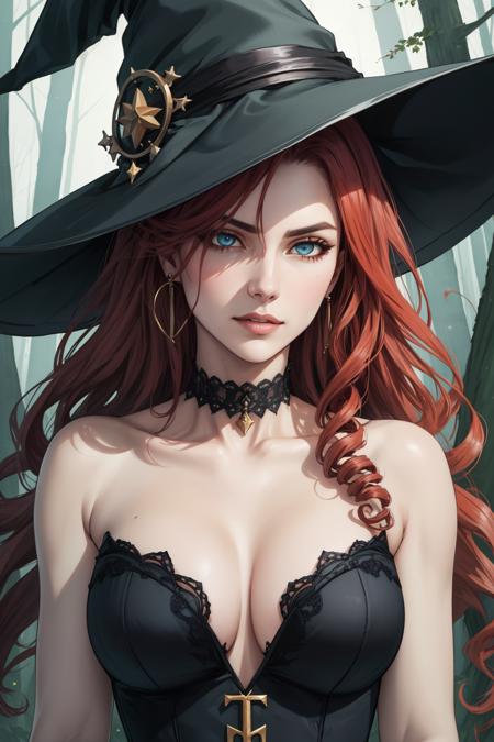 (mature woman:1.4), solo, (red long curly hair:1.4), blue eyes, medium breasts,( black witch hat:1.1), (short witch dress with an open neckline:0.9), earrings, pale skin, (against the background of a dense dark spruce forest and village:1.2), (night), (starry sky with the moon:0.8), sexy, ((masterpiece)), (high quality), (best quality), (detailed), hd, perfect lighting, detailed face, detailed body,