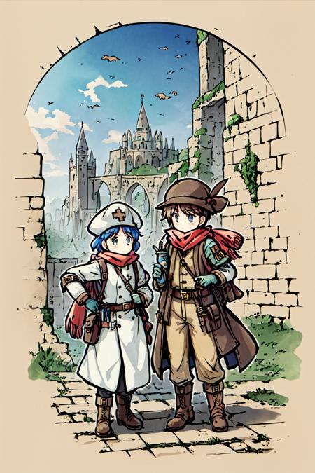 artbytokiame, masterpiece, best quality, ultra-detailed, illustration, 2people, castle, exploration, adventure, elderly, old, wise, experienced, younger, guide, mentor, apprentice, medieval, ancient, ruins, stones, walls, arches, towers, windows, doors, gates, cobblestone, pathway, torch, lantern, map, compass, backpack, supplies, provisions, water bottle, canteen, hat, coat, gloves, boots, scarf, belt, pockets, utility belt, pouches, pockets, utility knife, first aid kit, binoculars, camera, sketchbook, pen, pencil, notebook, journal, ancient artifacts, treasures, relics, mysteries, secrets, history, knowledge, discovery, curiosity, bravery, determination, teamwork, trust, cooperation, partnership, respect, friendship