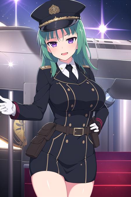 (masterpiece, best quality), highly detailed background, perfect lightingbest quality, bashouSK, solo, military, hat, green hair, bangs, long hair, purple eyes, large breasts, uniform, black necktie, white gloves, black headwear, belt pouch, black skirt, military uniform, smile, open mouth, <lora:Bashou_Senran-Kagura:0.7>