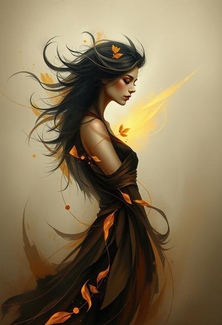 Graceful, elegant figure in thick foggy surroundings. Swirling composition of earthy brushstrokes intersected by glowing shapes. Expressive impasto painting meets fluid geometric abstraction. Low visibility and thick fog emphasize the refined features.