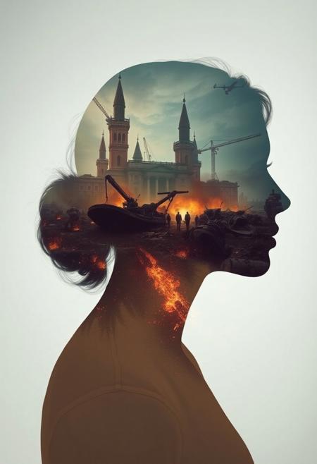 Abstract style dystopian future with elements of an apocalyptic war inside the silhouette of a womans head and shoulders, that is a double exposure photograph . Non-representational, colours and shapes, expression of feelings, imaginative, highly detailed
