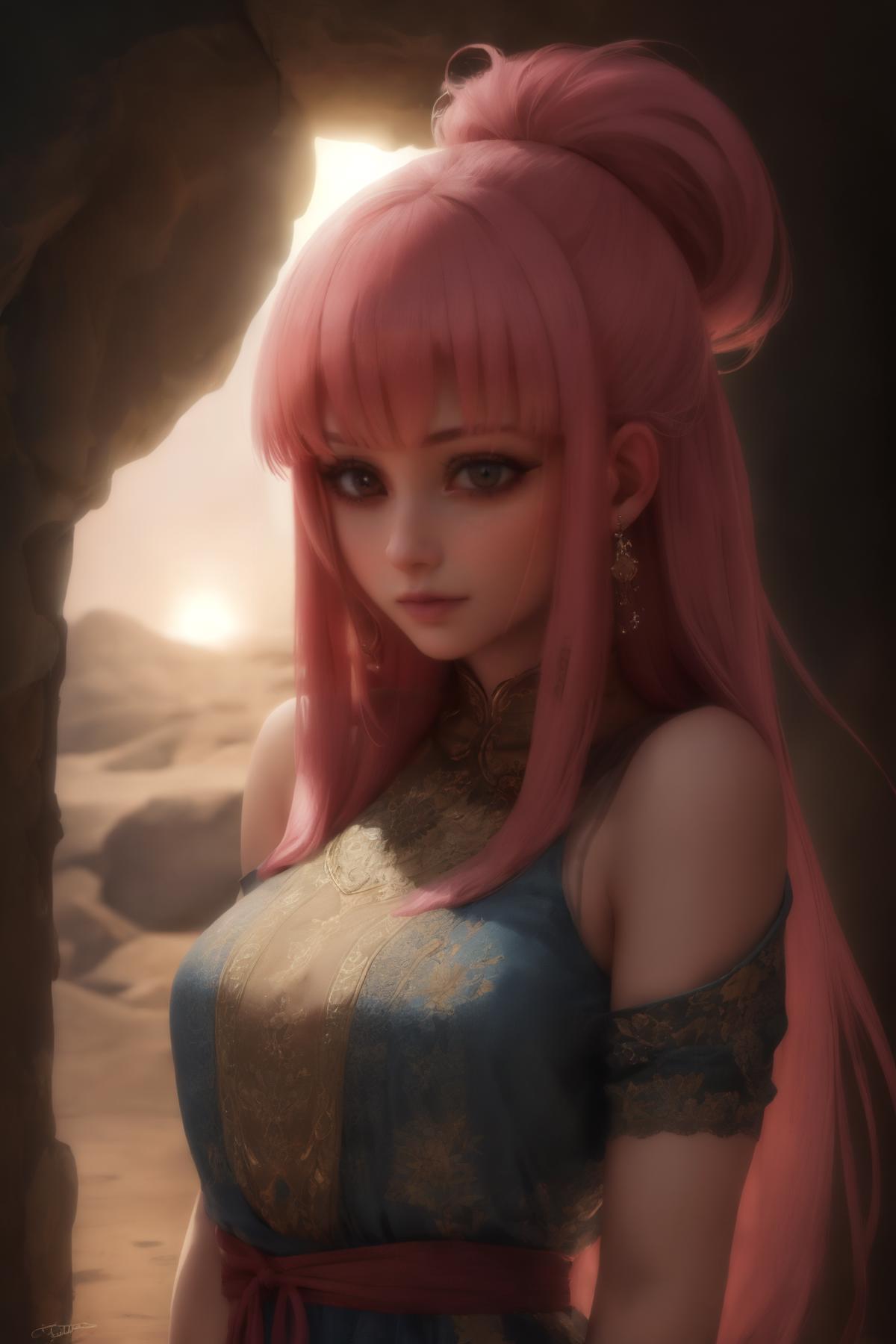 A beautiful pink-haired woman in a blue dress looking off into the distance.