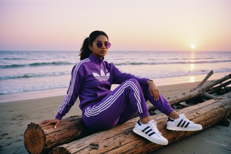 Color candid photo of PriBlle, a young woman wearing a purple Adidas track suit and sunglasses at the beach. She is sitting on a log at sunset. Photo was shot with a Leica M3 camera and Fujicolor Superia X-tra 400 35mm film. <lora:PriyaBelleXL_v2:1>