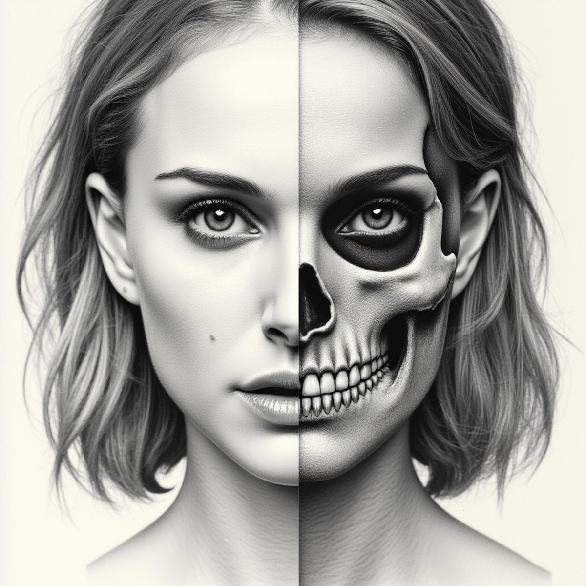 Detailed realistic drawing of the face of a woman facing the viewer but the left half of her face is skull while the right side of her face is normal. She has no hair on the left side of her face only a skull and also her eye-socket is hollow on the left side.   <lora:Natalie_Portman_2004_FLUX_epoch_16:1.0>