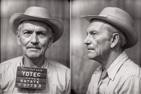 VintageMugshot, front and side mugshot photo of a old man,cowboyhat<lora:Mugshot:1>