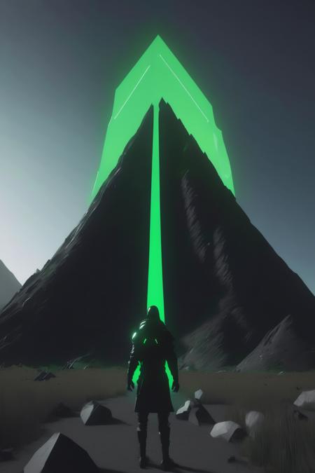 <lora:Parralel Dimensions:1>Parralel Dimensions - a man standing in front of a mountain with a green light