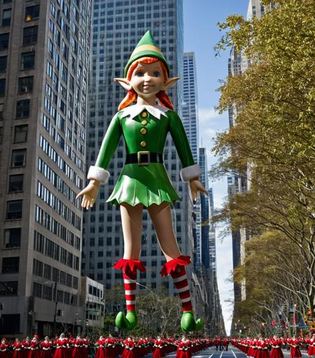 <lora:b41100n_04XL-000008:0.9>a raw photograph of (doll sexy christmas elf in short skirt:1.5) b41100n shaped parade balloon,(floating high above:1.2) (with guide ropes:1.1),during Macy's NYC parade,with park and trees behind,with tall buildings in background,outdoor,sunshine and shadows,realistic photograph,wide_angle_view,highres,absurdres,hyper realistic,HDR UDH 8K wallpaper,photo realistic,award winning,best quality,masterpiece,intricately detailed,high contrast