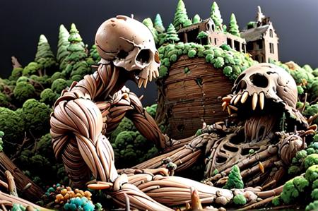 giant warrior, skull, falling apart, melting, fungal forest, ruined buildings, sea of decay (skin ripped by red melting wax:1.2), <lora:Giant_WarriorC001:0.8>, side view, distance,  <lora:NausicaaC002:0.2>