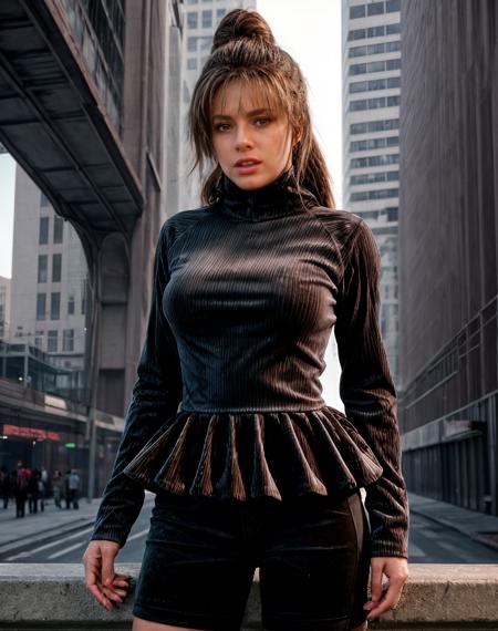 techwear fashion concept art analog film photo  realistic, a woman (wearing Peplum top and  High-Neck Blouse and Corduroy pants: Pants made from ribbed corduroy fabric.,  Shot Size - medium close-up shot),  <lora:quiron_RacquelDarrian_v4_Lora:0.77> RacquelDarrianQuiron woman, . faded film, desaturated, 35mm photo, grainy, vignette, vintage, Kodachrome, Lomography, stained, highly detailed, found footage . digital artwork, illustrative, painterly, matte painting, highly detailed . futuristic, cyberpunk, urban, tactical, sleek, dark, highly detailed